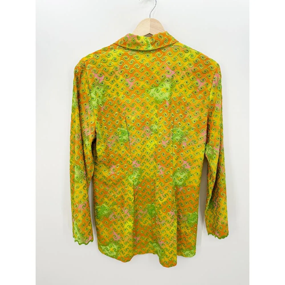 DON Vtg Orange Green Swirl Embroidery Button Open Front Shirt Unisex Large - Image 2