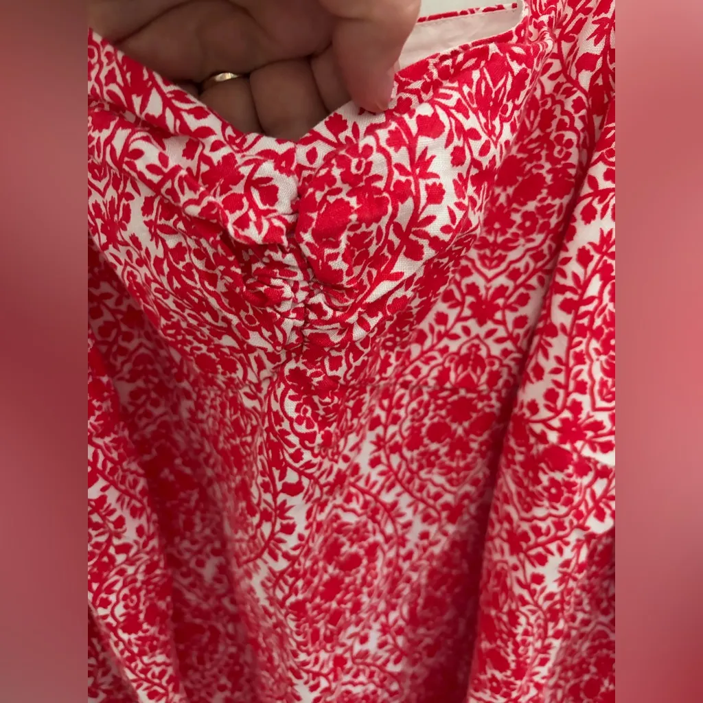 Boden red dress with long puff sleeves, square neckline with ruching in center Size XXL - Image 2