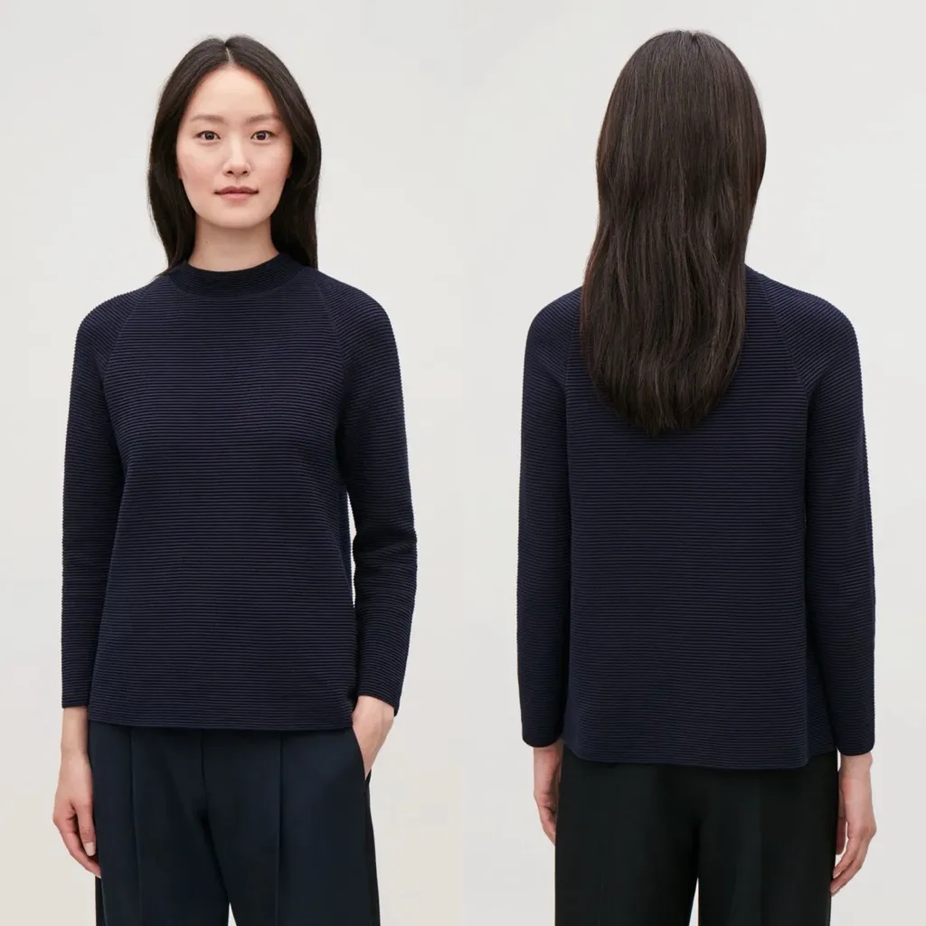 COS Ripple Stitch Top Sweatshirt Navy Blue Mock Neck Women XS Long Sleeve Ribbed - Image 3
