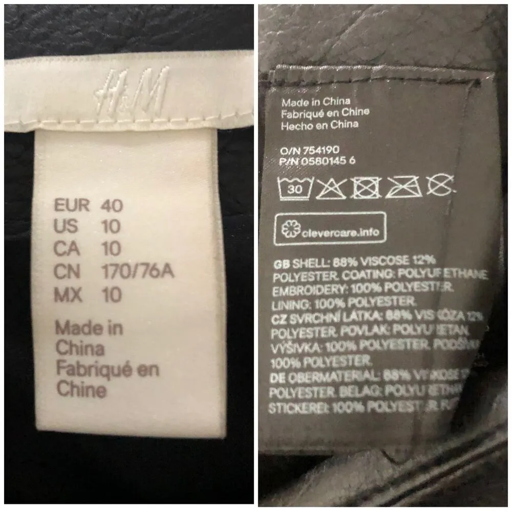 H&M Size US 10 Black Faux Leather Floral Embroidered Mini Raw Hem Biker Skirt - Image 7