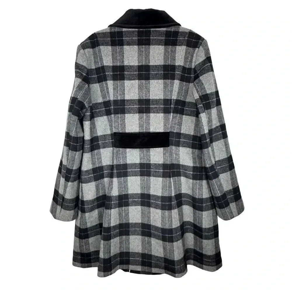 Gal Meets Glam Pea Coat Large Marnette Wool Plaid Velvet Black Double Breasted - Image 4