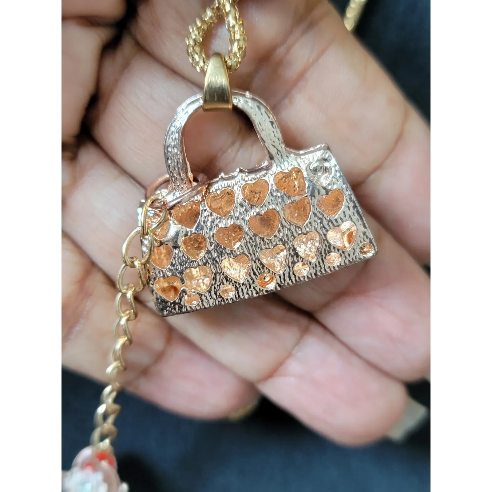 Women's Gold Chain Necklace with Red Handbag and Shoe Charm Pendant - Image 4