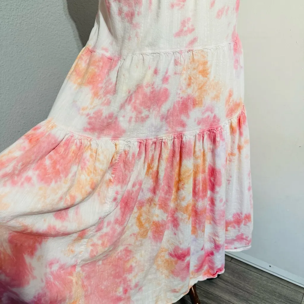 Old Navy Women Pink & White Smocked Tiered Relaxed Fit Maxi Dress Size S - Image 3