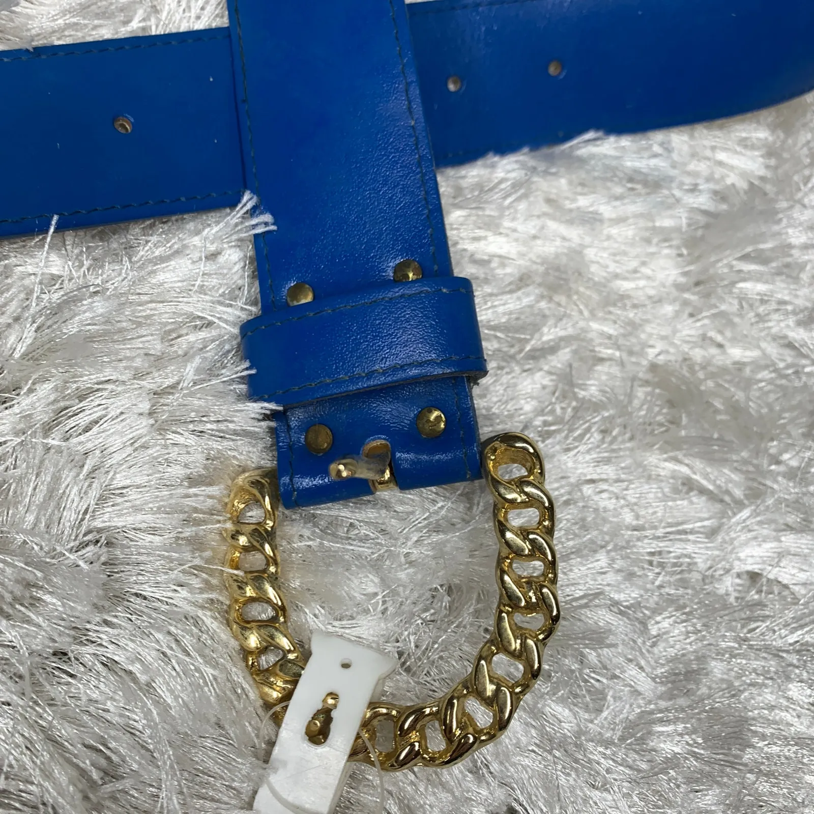 Royal Blue Leather Deadstock Wide Belt Gold "Chain" Buckle Sz XL - Image 6