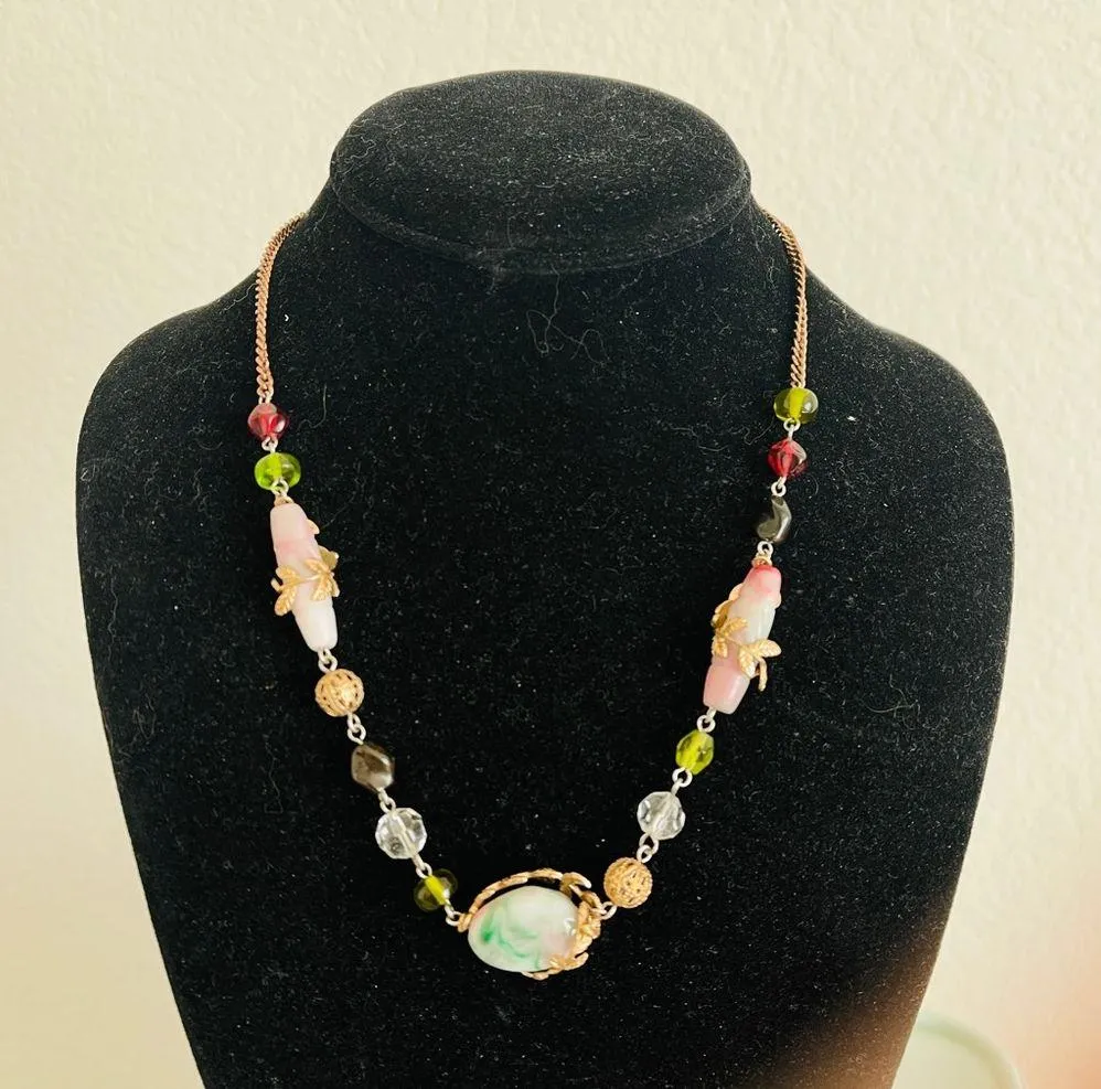 Vintage Cookie Lee Pink Green & White Glass Bead & Gold Tone Filigree Necklace - Image 2