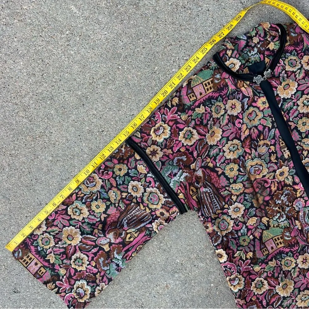 Vintage Floral Cottage Tapestry Open Front Mandarin Collar Trench Long Coat Pink Size M - Image 9