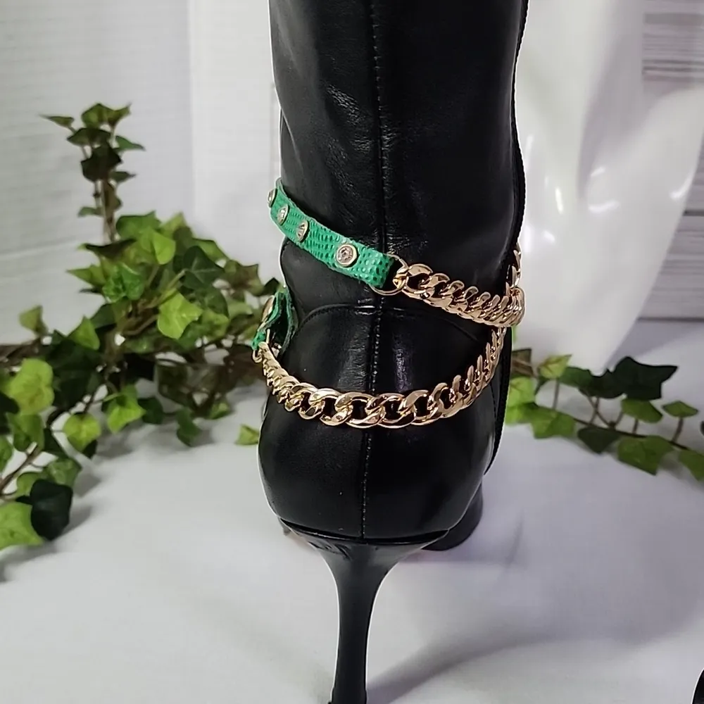 Gold Cuban Link Chain and Green Leather Boot Ankle Bracelet - Image 4