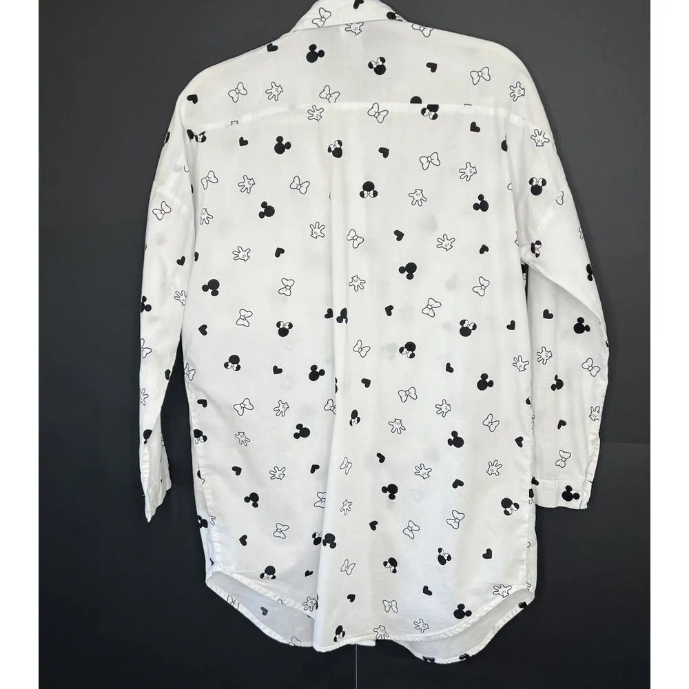 Disney  Minnie Mouse Button Down Long Sleeve Tunic‎ Sleepwear White/ Black Medium - Image 3