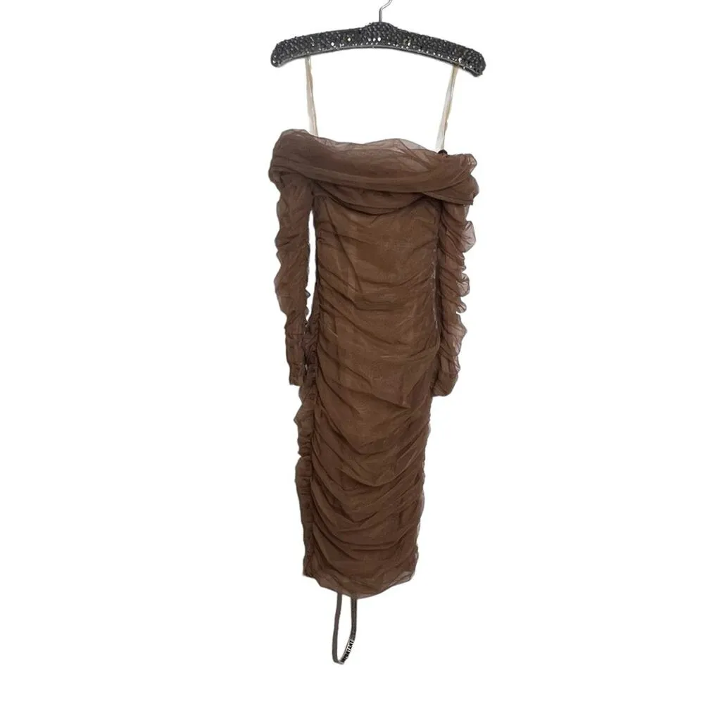 NWT House of CB London Anais Brown Tulle Off Shoulder Ruched Dress Size XS - Image 3