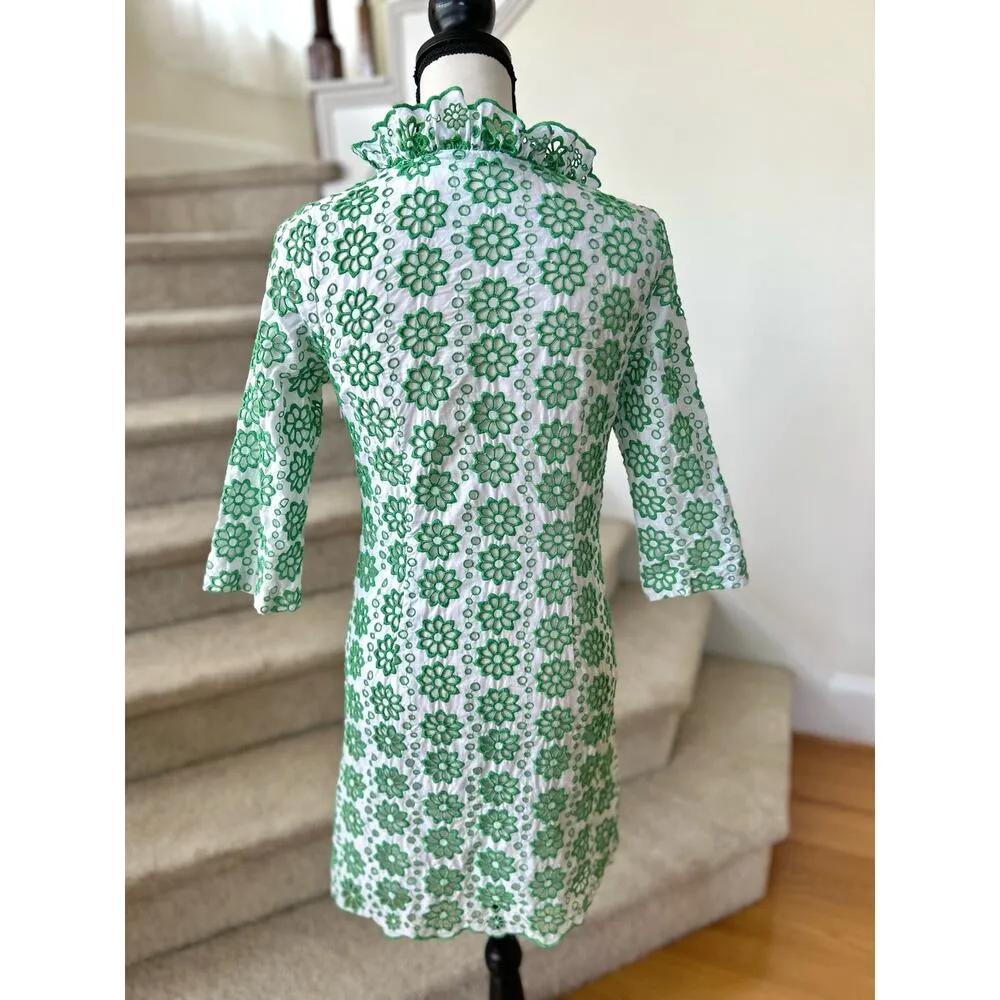 Vintage Milly New York Kelly Green & White Eyelet Floral Ruffle Neck Shift Dress - Image 2