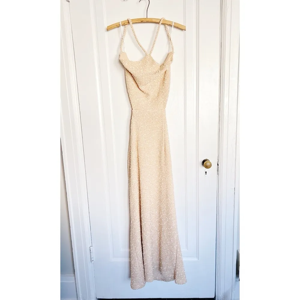 SABO • Backless Amada Dress tan halter tie nubby knit midi open back - Image 3
