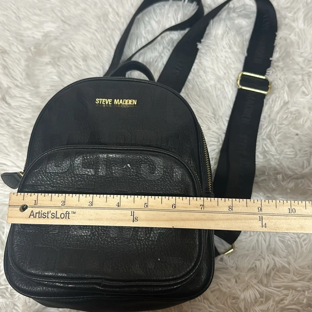 Steve Madden Mini Backpack Purse Black Embossed Leather Logo - Image 9
