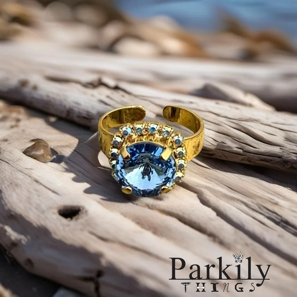 Handcrafted ring made with light sapphire Swarovski crystal size adjustable Gold - Image 4