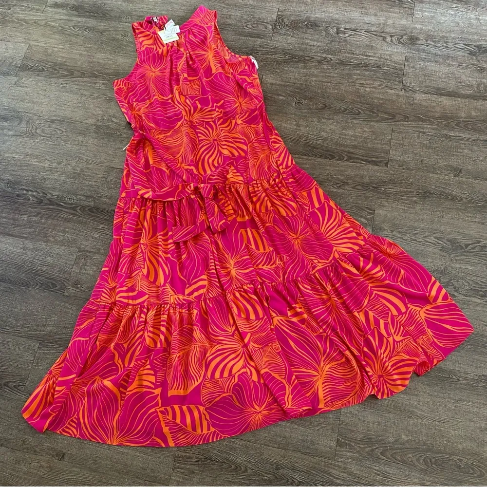 ANNE KLEIN Maxi Dress 18W Pink Orange Floral Tiered Halter Neck Tropical Belt - Image 2