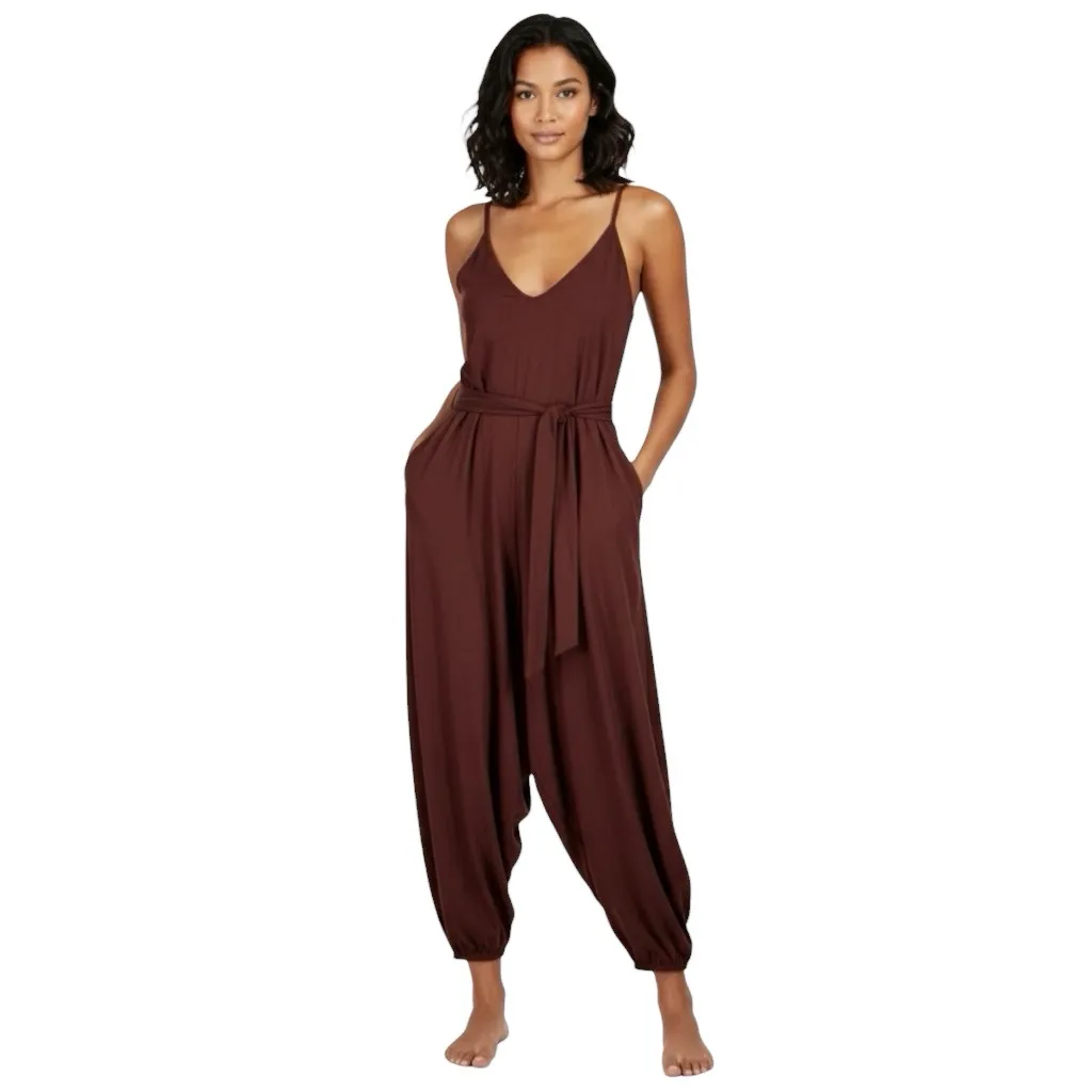 Storia Jumpsuit Womens L Rust Belted Baggy Sleeveless V-Neck Boho Indie Hippie - Image 2