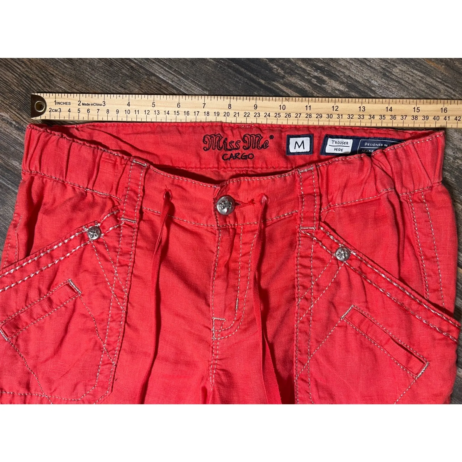 Miss Me Cargo Pants Trouser Medium Red 100% Linen Wide Leg BLING Boho Y2K TALL - Image 6
