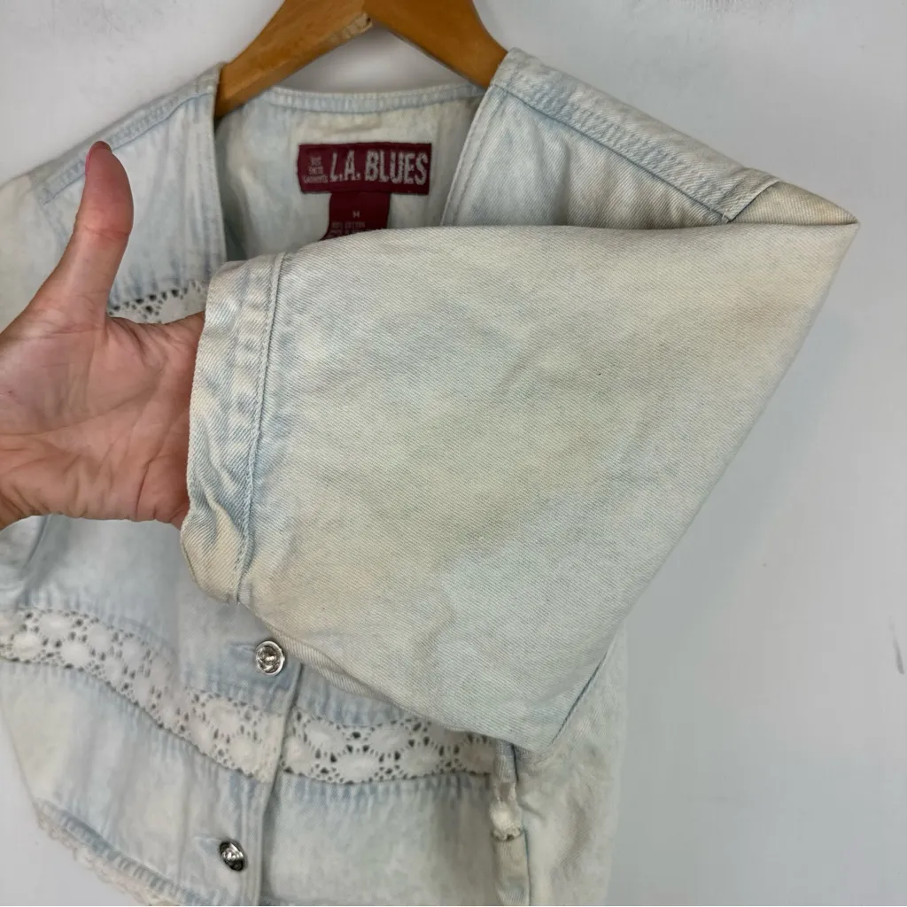 Vtg L.A. Blues Denim Button Up Puff Sleeve Top Sz Medium Lace Cottagecore - Image 11