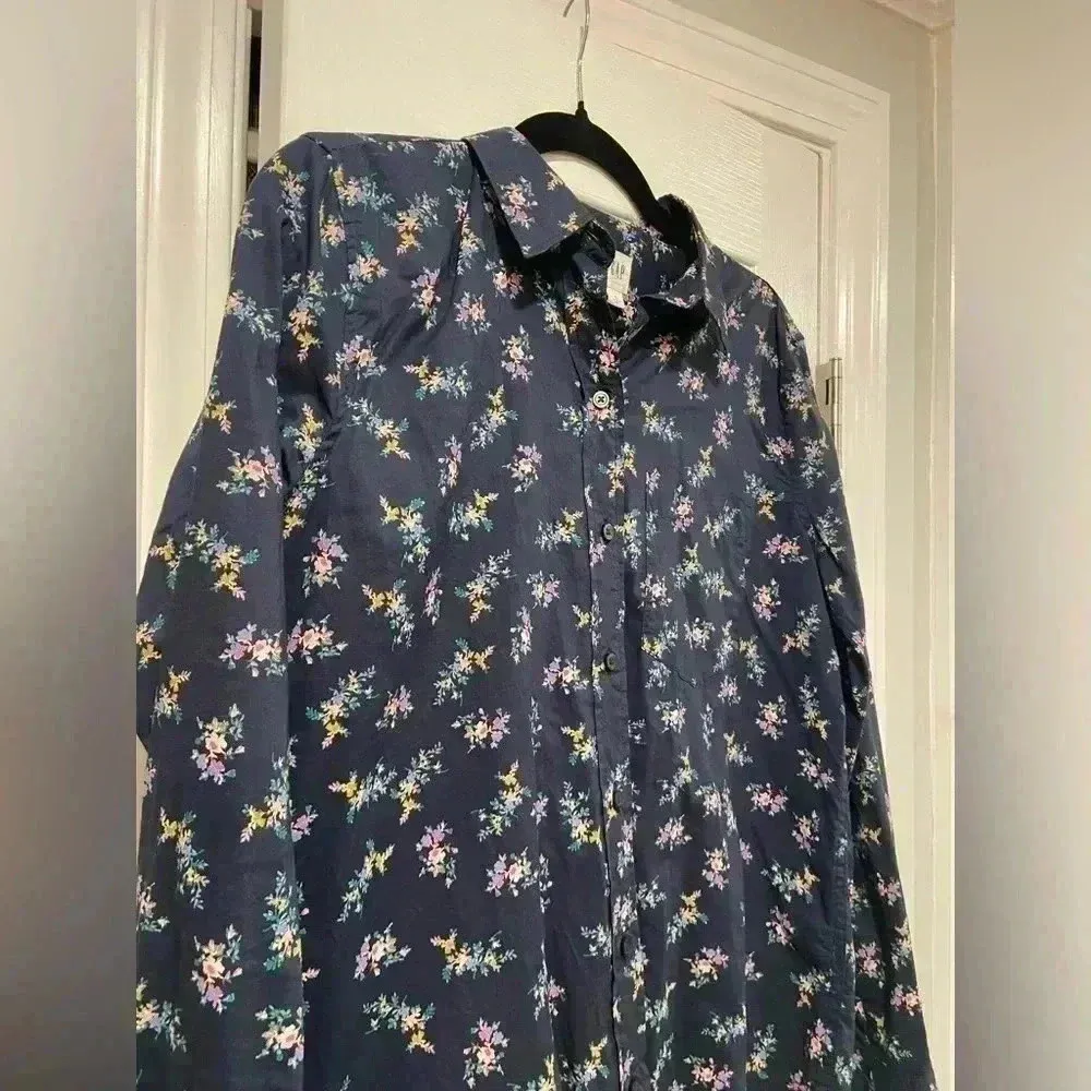 Gap Navy Blue Floral Cotton Long Sleeve Collared Button Down Size Small - Image 3