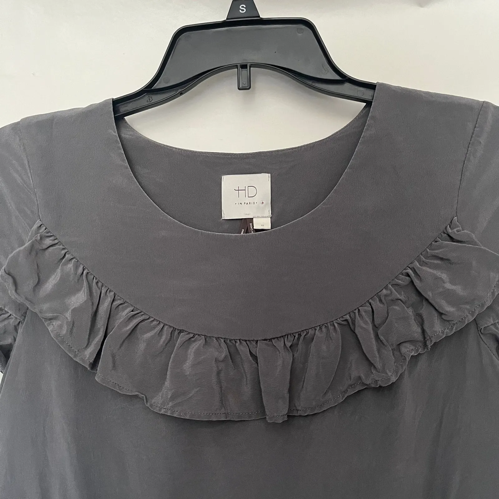 HD in Paris 100% Silk Ruffle Womens Top XS Romantic Cottagecore French Gray - Image 5