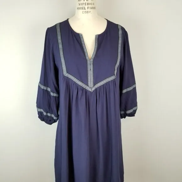 NWT Vaugu Navy Blue Embroidered Boho Blouson Dress Balloon Sleeves Size Small - Image 2