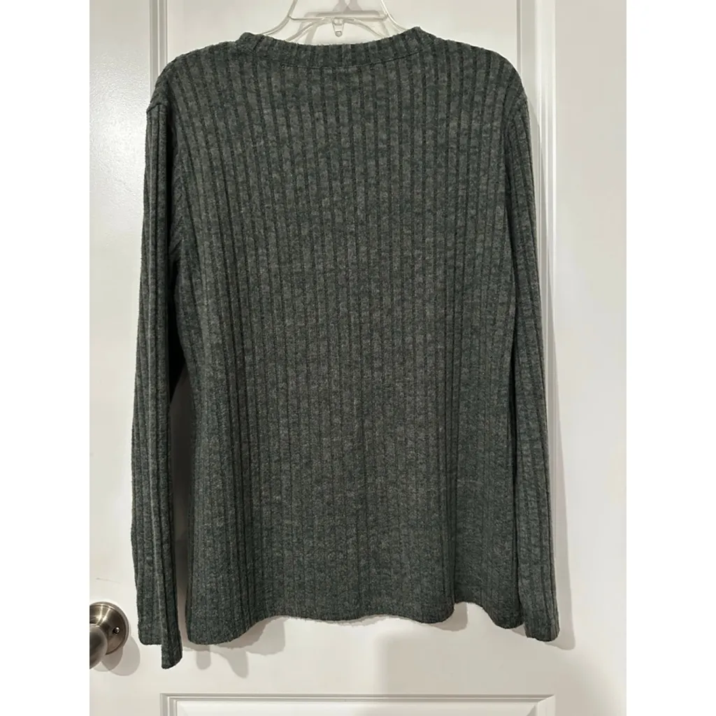 Women's Fantaslook Dark Grey Ribbed Long Sleeve Tee Shirt L Green Size L - Image 2