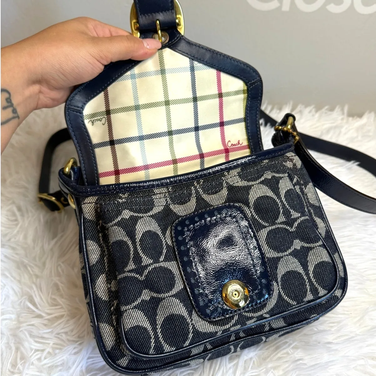 y2k COACH Denim Patent Leather Bleeker Crossbody - Image 6