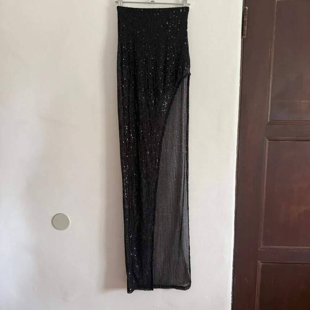 LUCY IN THE SKY | Doja Sheer Black Sequin Maxi Skirt with Leg Slit | Extra Small - Image 2