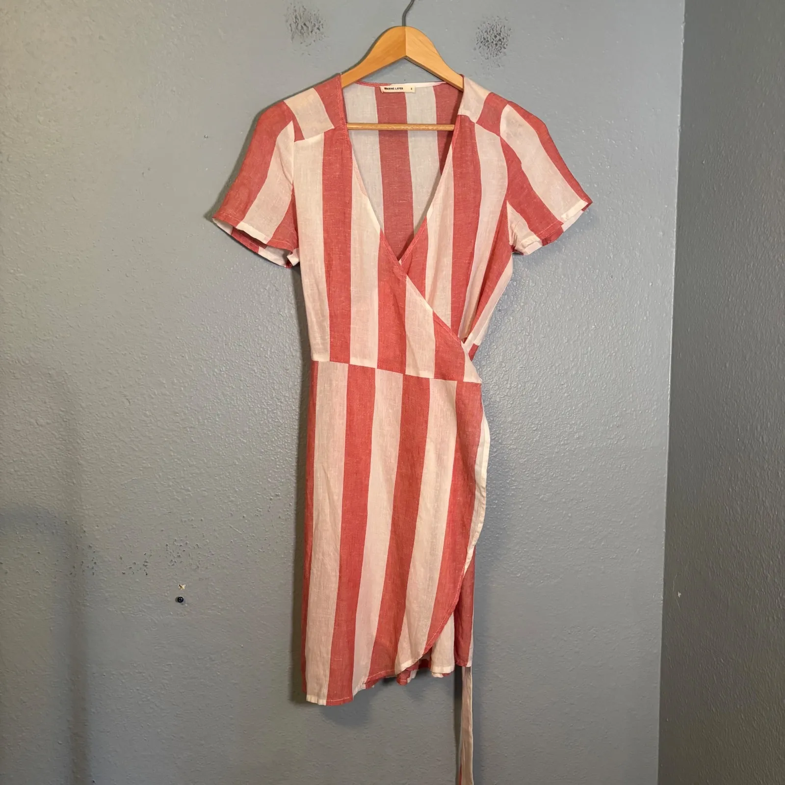 Marine Layer Womens Frances Wrap Mini Dress Red White Stripe‎ Size Small Linen - Image 3