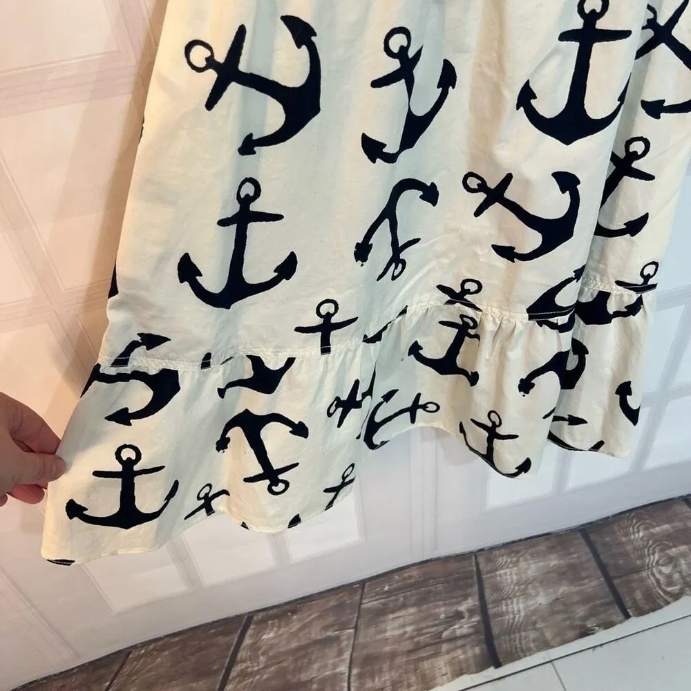 J. Crew White Navy Anchor Print Lined Sleeveless Ruffle A-Line Dress Size 00 - Image 4