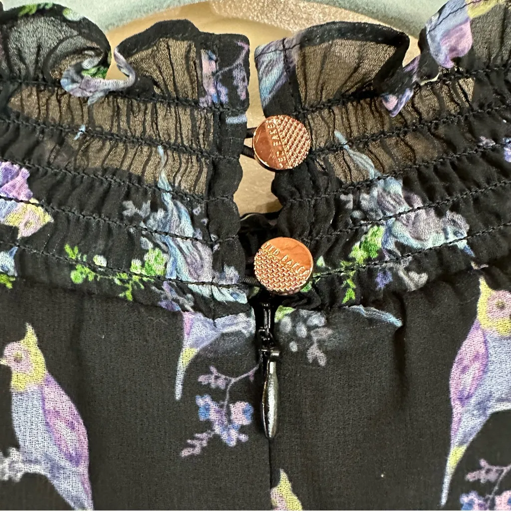 Ted Baker Hilania Love Birds Ruffle Chiffon Cold Shoulder Long Sleeve Dress 0 - Image 9