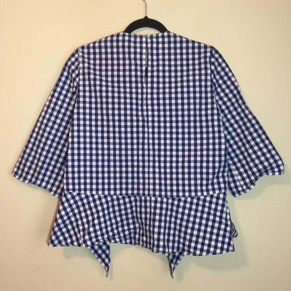 Zara Blue Gingham Floral Embroidered Tie Blouse - Image 8