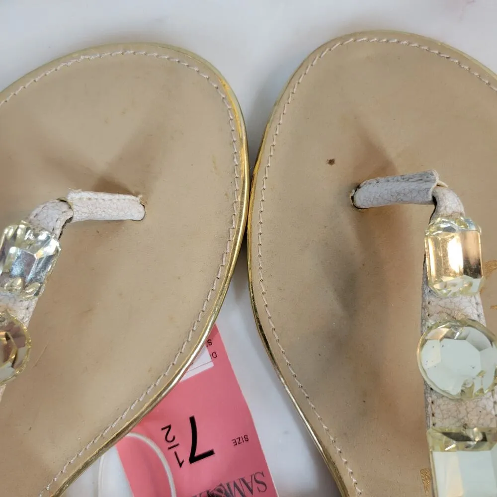 Sam & Libby Womens Sandals 7.5 White Faux Leather T-Strap Jeweled Flat Thong NEW - Image 10