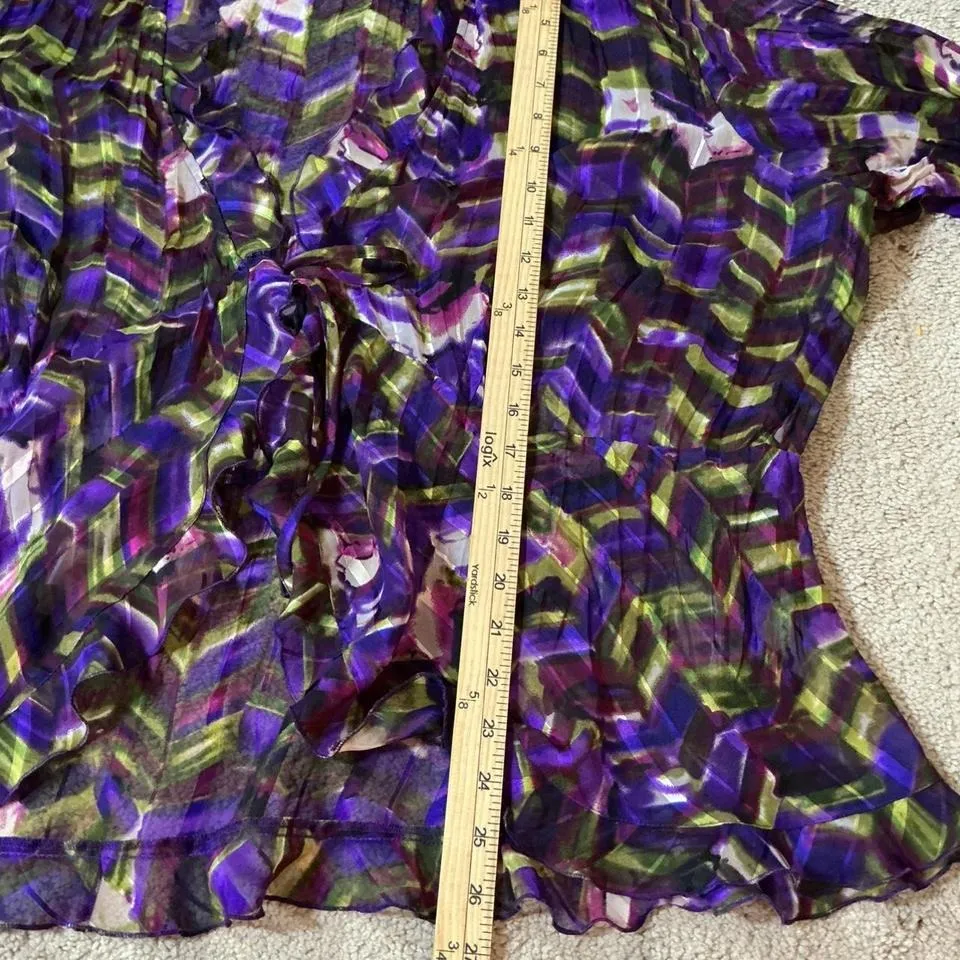 Notations Woman Plus Size 3X Purple Green Abstract Print Sheer Ruffle Kimono - Image 4