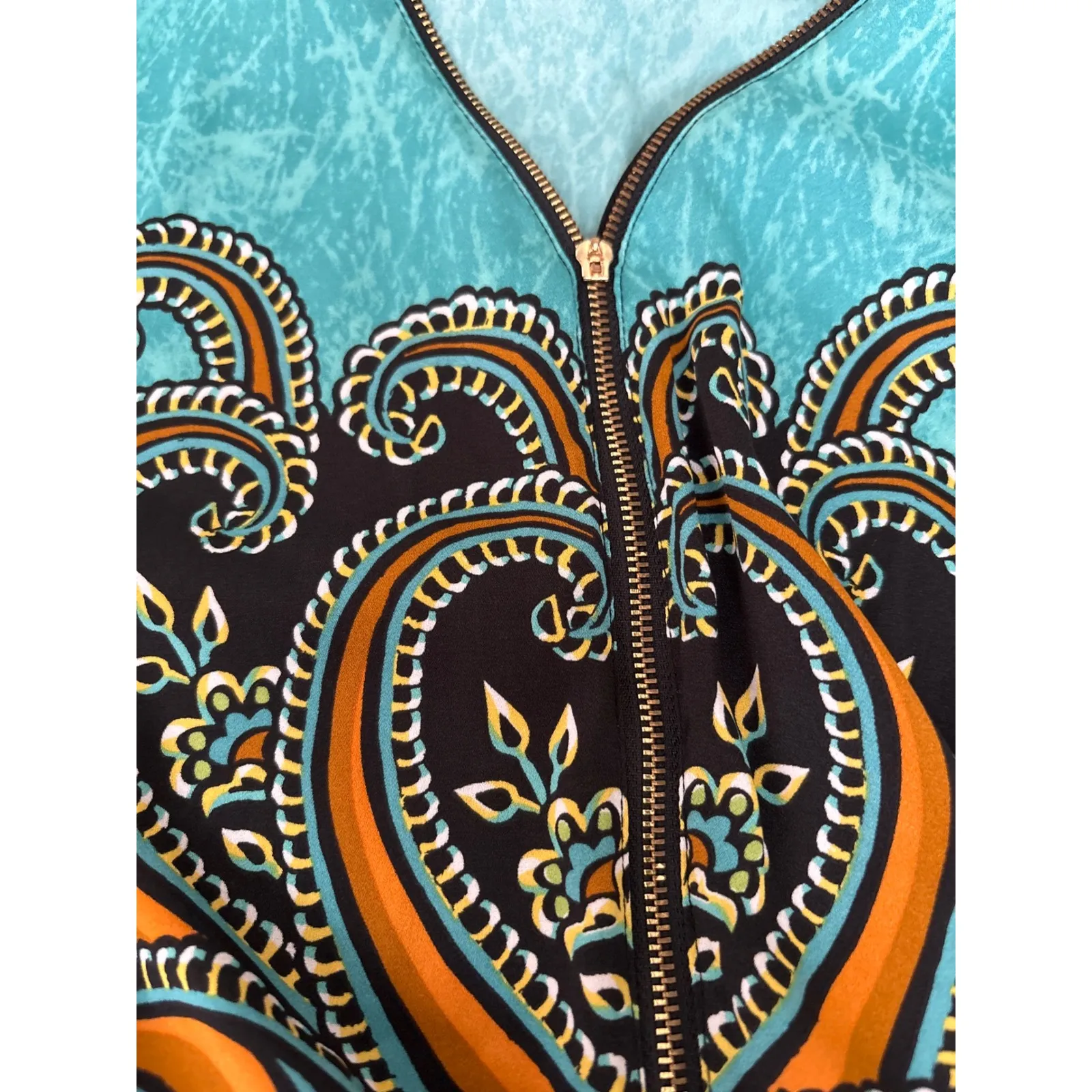 Vintage 80s Bob Mackie Wearable Art Turquoise Paisley Print Zipper Tunic Top 1X - Image 8