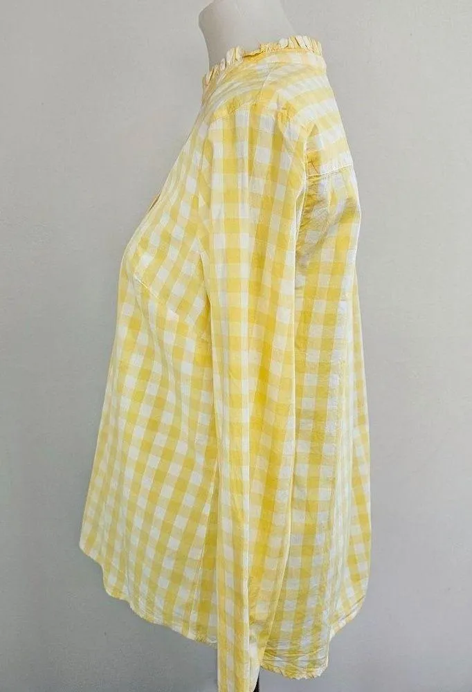 Kim Rogers Yellow & White Gingham Ruffle Neck Roll Tab Blouse Size MP - Image 4