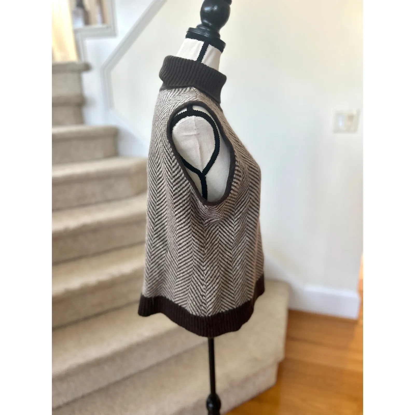 Vintage Wool Angora Brown Herringbone Sleeveless Turtleneck Sweater - Image 2