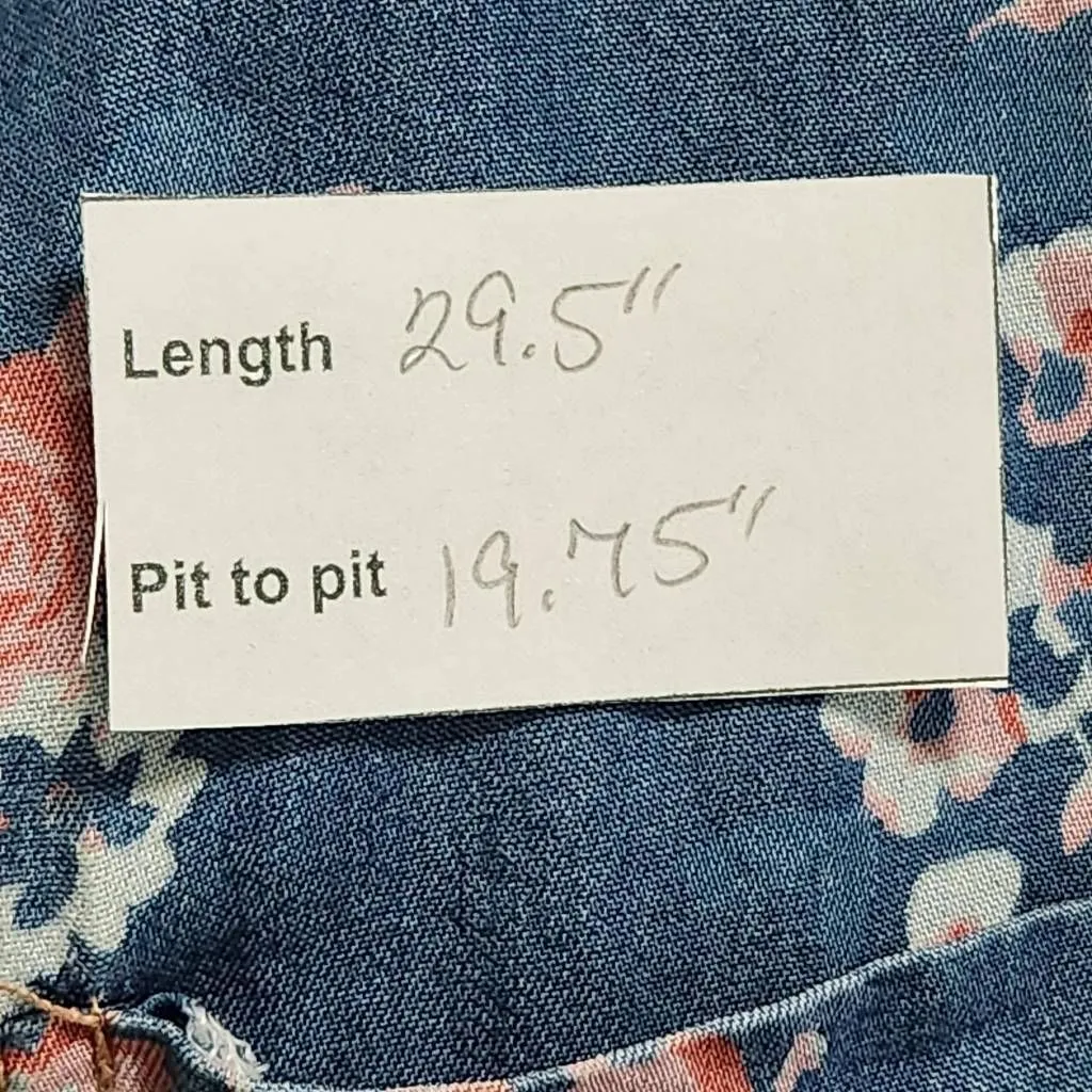 Cato Blue and Pink Floral Chambray Button Down Tunic Shirt Size Medium - Image 10