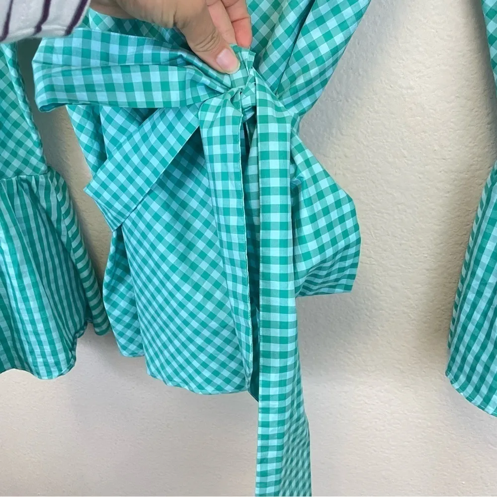 Ann Mashburn Gingham Long‎ Bell Sleeves Wrap Blouse Size XS - Image 5