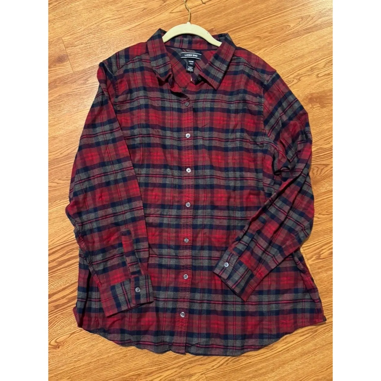 Lands End flannel Charcoal Heather plaid button down shirt 20W Red Gray New - Image 6