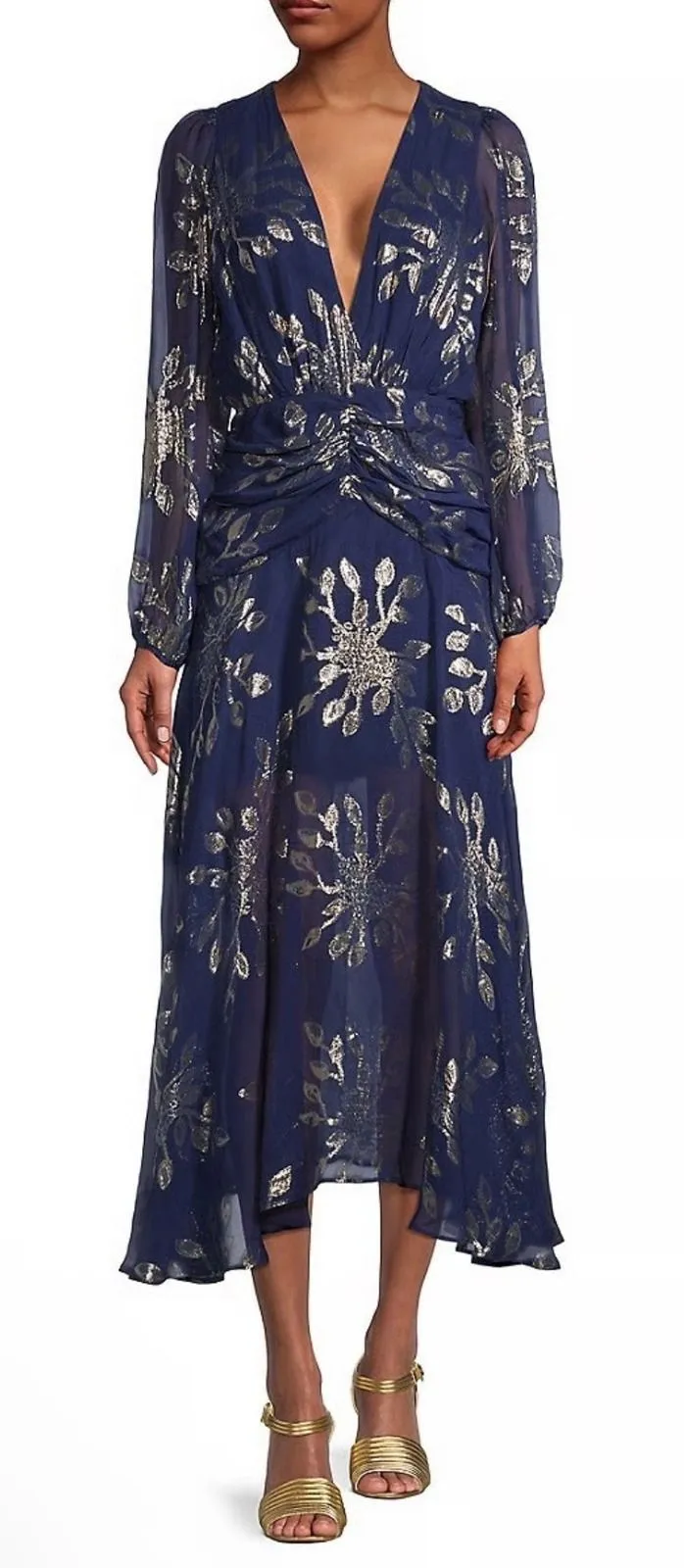 Delfi Collective Lizette Silk Chiffon Midi Dress Navy Gold XS Blue - $199 New With Tags - From Presley Delfi Collective Lizette Silk Chiffon Midi Dress Navy Gold XS Blue - $199 New With Tags - From Presley