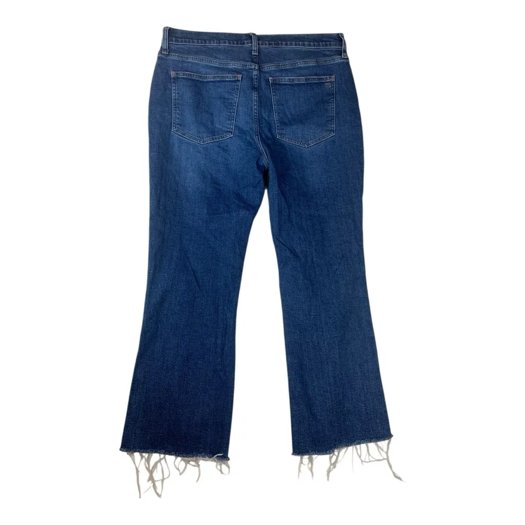 Madewell size 32 kick out mid rise crop Indigo Flare Jeans distressed blue denim - Image 2