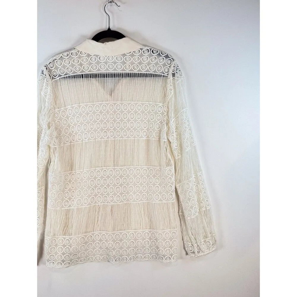 ALEXIS Womens Top Beige Button Up Silk Crochet Lace Sheer Blouse Boho USA Size 6 - Image 9