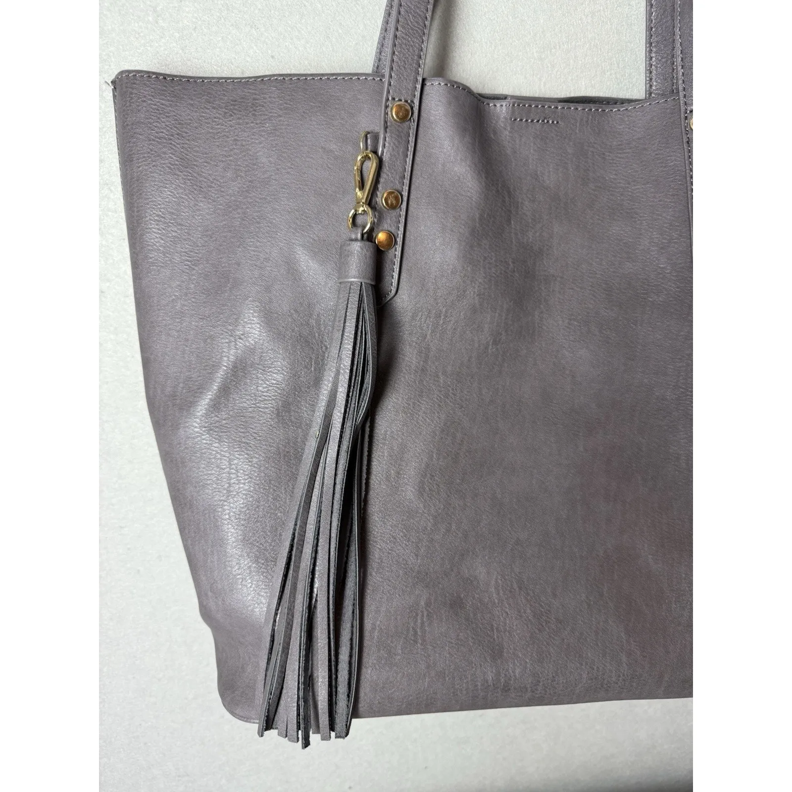 Dark Gray Women's Soft Faux Leather Tote Shoulder Bag with Tassel - Image 3