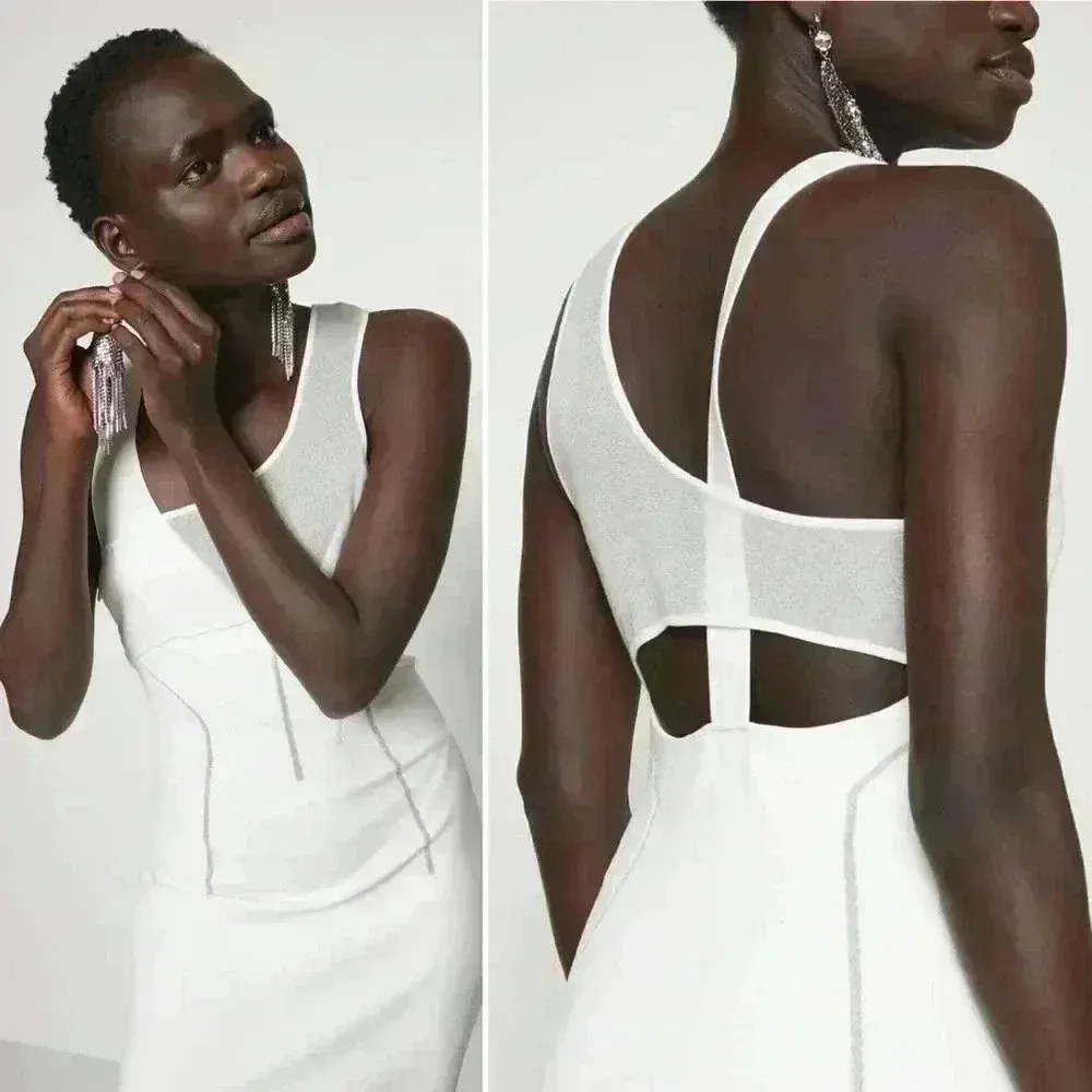 NWT - HERVÉ LÉGER X LAW ROACH Layered Sheer Intarsia Midi Dress Size Large White - Image 4