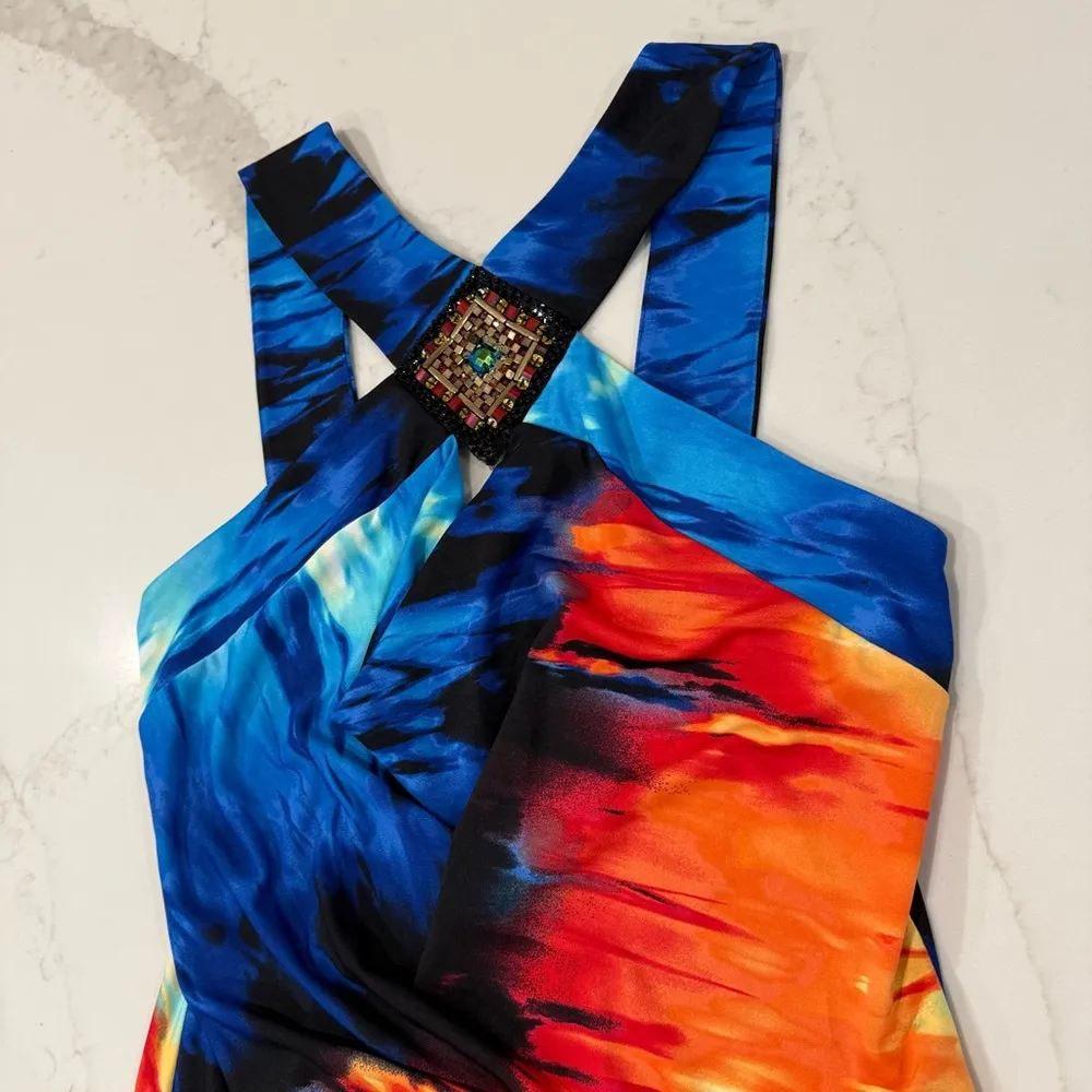 Venus Resortwear Open Back Halter Midi Dress Women’s Medium Blue/Orange Abstract - Image 3