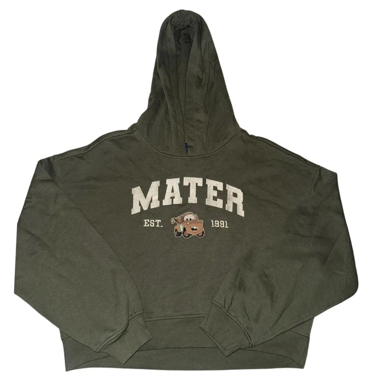 NWT Disney Pixar Tow Mater Cars Hoodie Olive Green Cropped Sweatshirt medium - Image 2