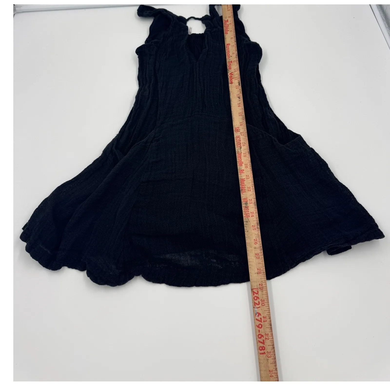 Free People XS Black Smooth Sailing Mini Dress Linen Gauze Fabric Big‎ Pockets - Image 8