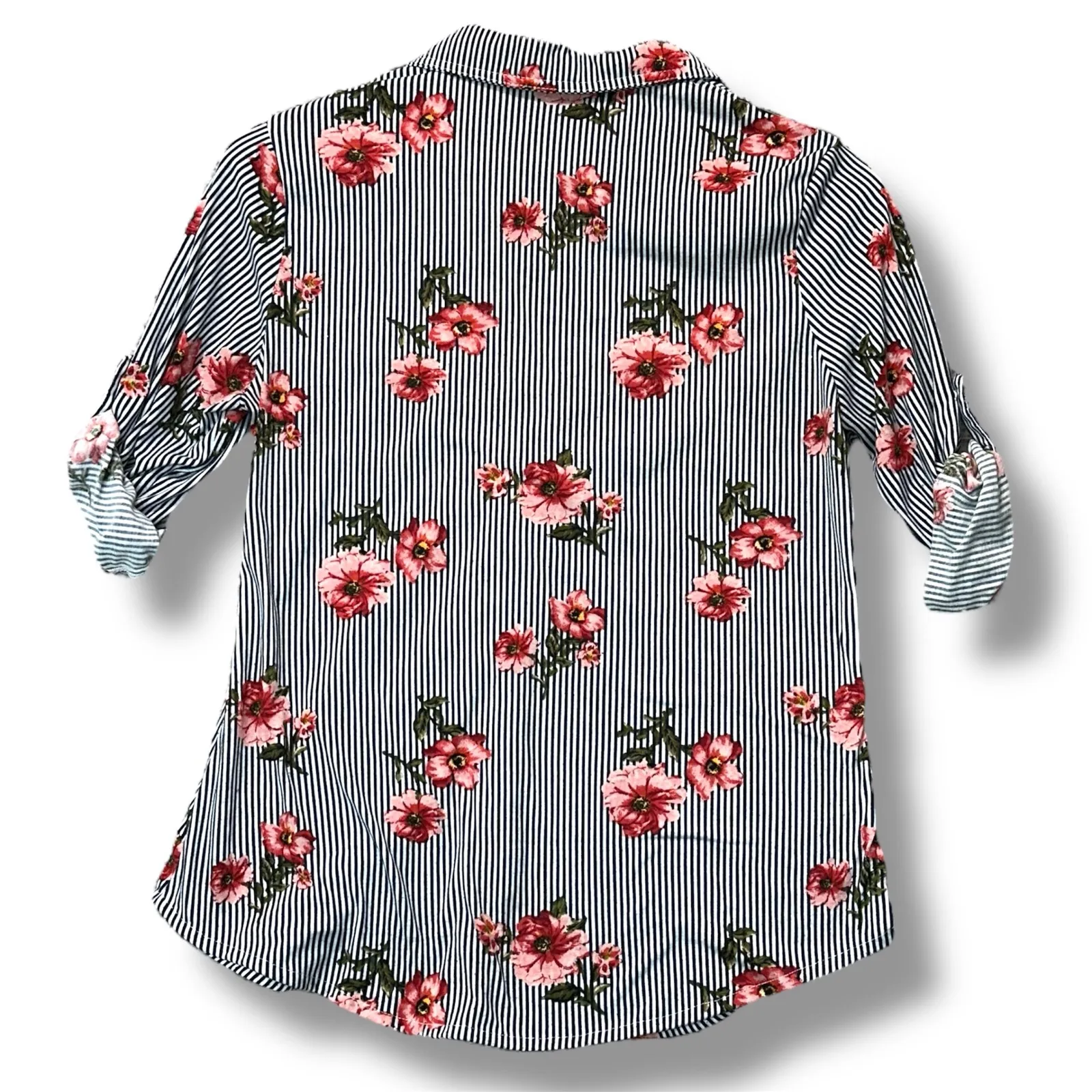 Eden & Olivia Floral Blouse Striped Roll Tab Button Down Shirt S Cottagecore - Image 2