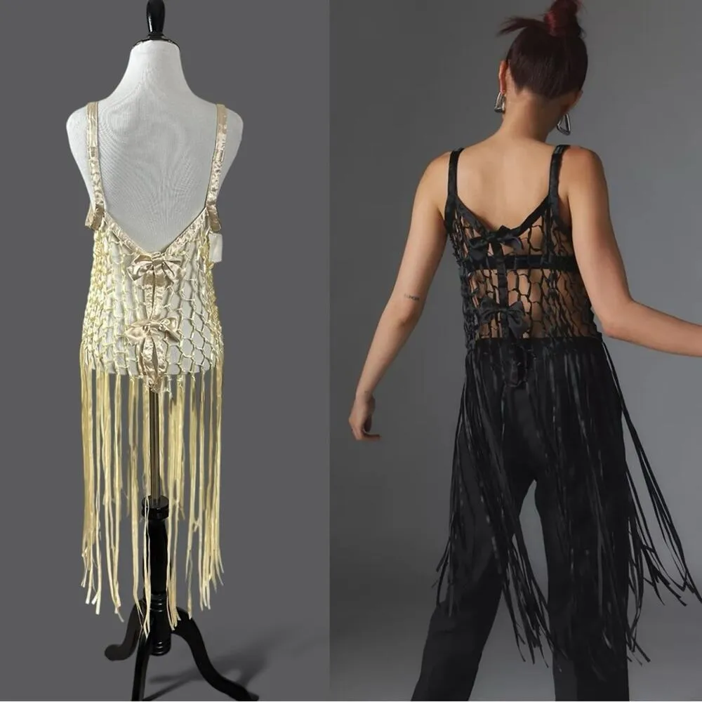 UO Coquette Dainty See Through Satin Ribbon Bow Fringe Midi Top in Blush Small - Image 4