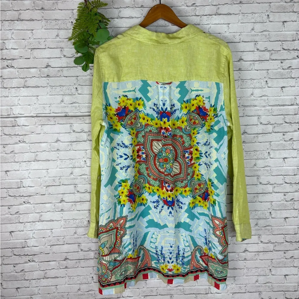 John Mark Chartreuse Green Linen Mandala Paisley Long Sleeve Button Down Tunic - Image 7